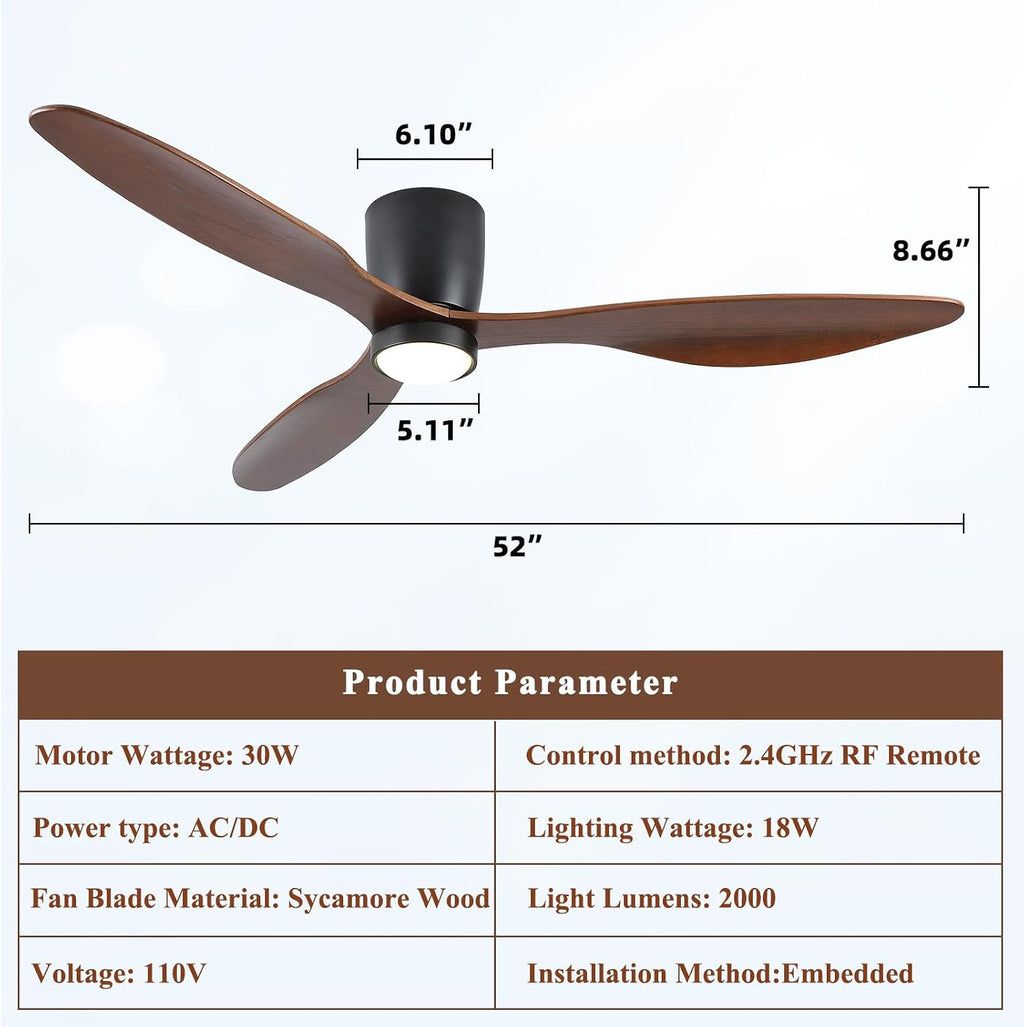 52 Inch Low Profile Ceiling Fan with Lights, Flush Mount Ceiling Fan, 3 Wood Blades, Noiseless DC Motor - Timer Function, 6 Adjustable Wind Speeds, for Patios, Bedrooms, Living Rooms(Walnut Wood)