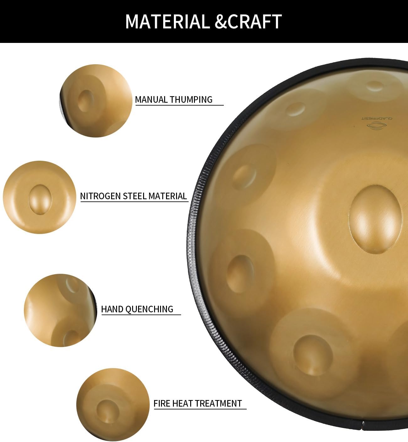 GLADFRESIT Handpan 22-inch, 10 notes, comes with a handpan backpack, stand, two mallets, and cleaning cloth. (Gold, 432hz)