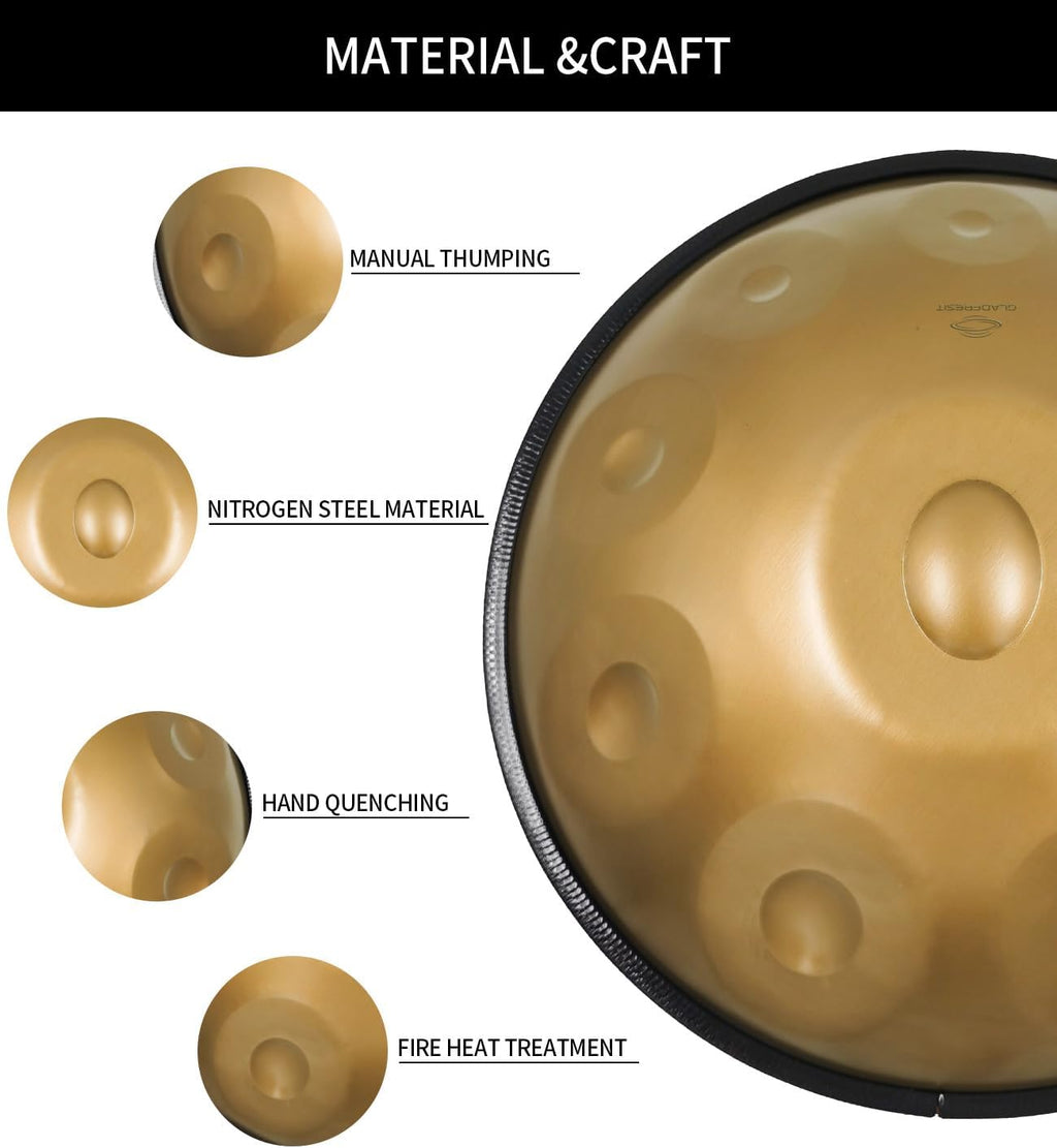 GLADFRESIT Handpan 22-inch, 10 notes, comes with a handpan backpack, stand, two mallets, and cleaning cloth. (Golden, 440hz)