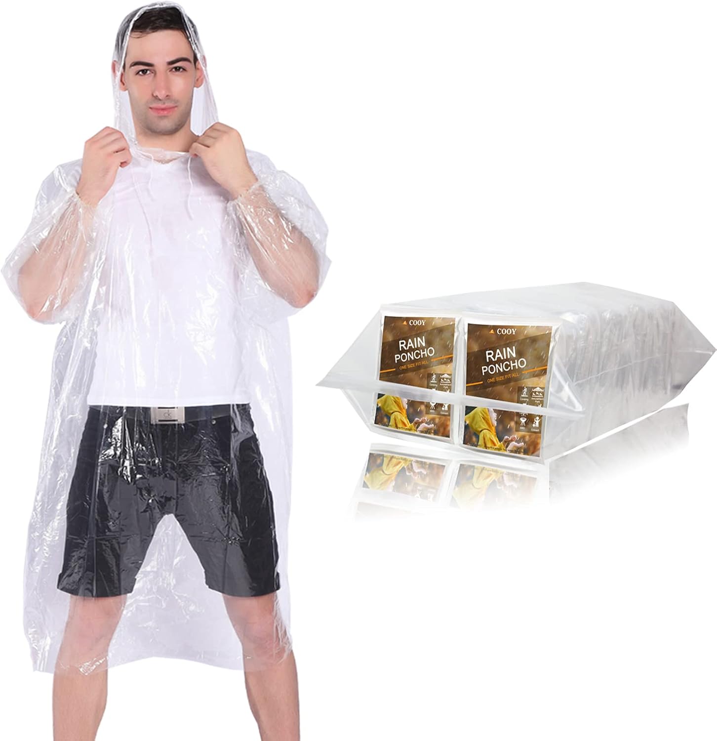 COOY Rain Ponchos,with Drawstring Hood （10 Pack） Emergency Disposable Rain Ponchos Family Pack for Adults,Clear