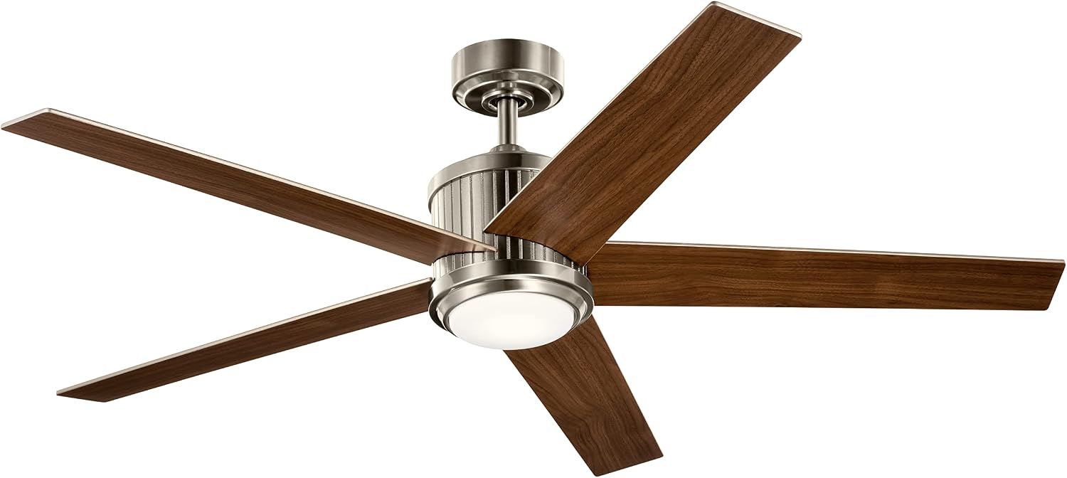 Kichler Brahm 56 in LED Ceiling Fan with Light, 5 Blade Modern Indoor Fan with Etched Cased Opal Glass in Brushed Stainless Steel, Reversible Silver and Walnut Blades, 300044BSS