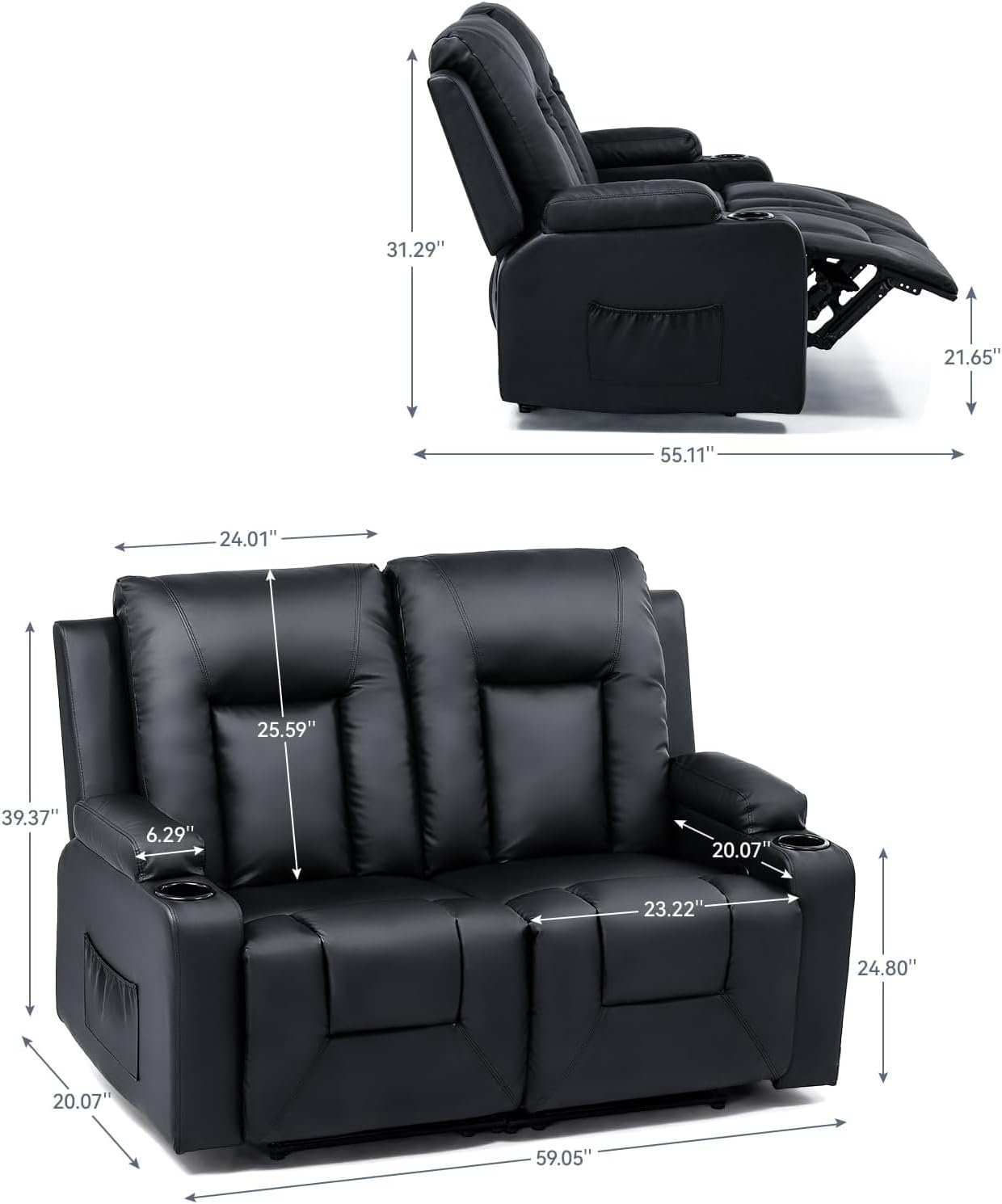 LUCKLIFE Leather Recliner Sofa Set with Manual Recliners,Living Room Furniture Set with Reclining Couch,Loveseat and Armchair,Living Room Chair with Cup Holders,Black (2)