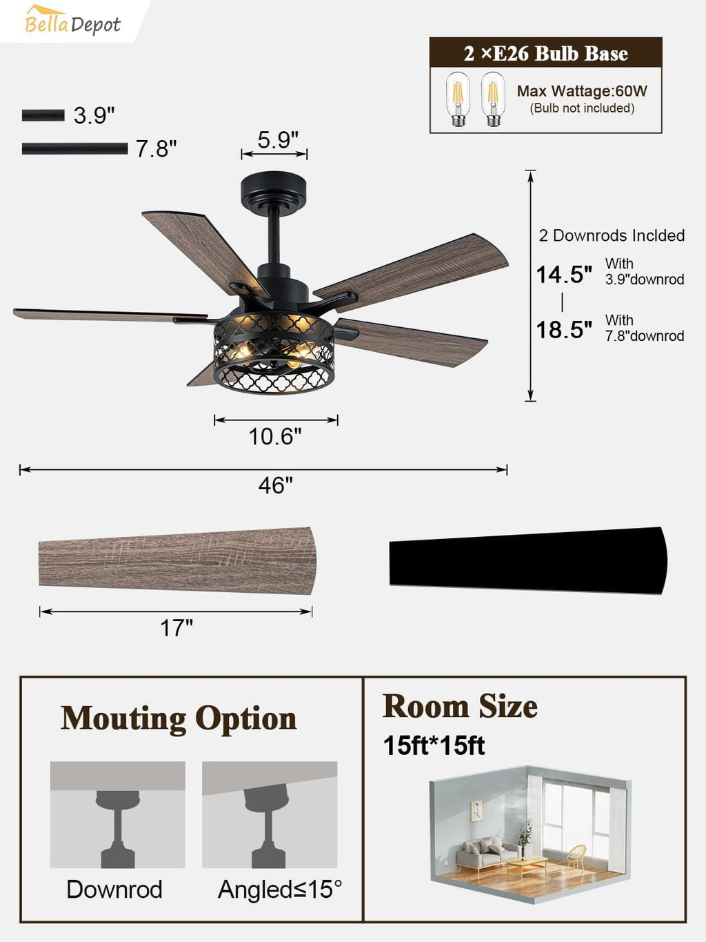 Bella Depot 46' Ceiling Fan with Light Farmhouse Caged Chandelier Fan with Remote Vintage Rustic Indoor Fandelier with Silent Motor for Dining Living Room Bedroom, (Bulbs not Included)
