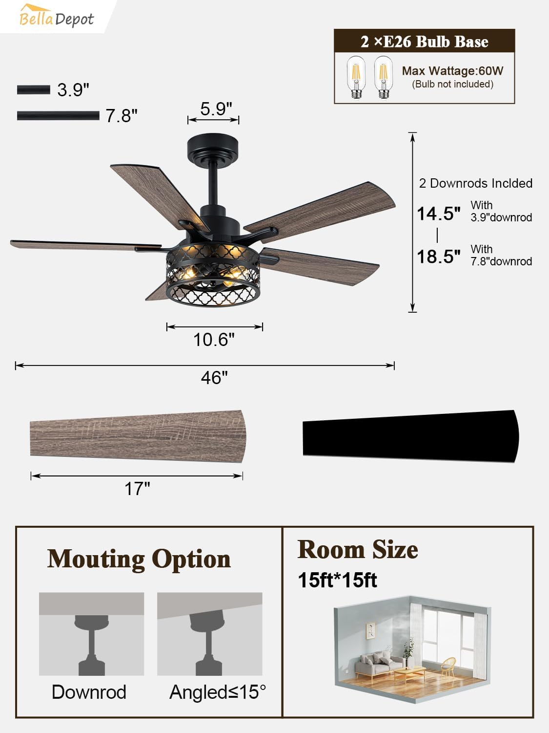 Bella Depot 46' Ceiling Fan with Light Farmhouse Caged Chandelier Fan with Remote Vintage Rustic Indoor Fandelier with Silent Motor for Dining Living Room Bedroom, (Bulbs not Included)