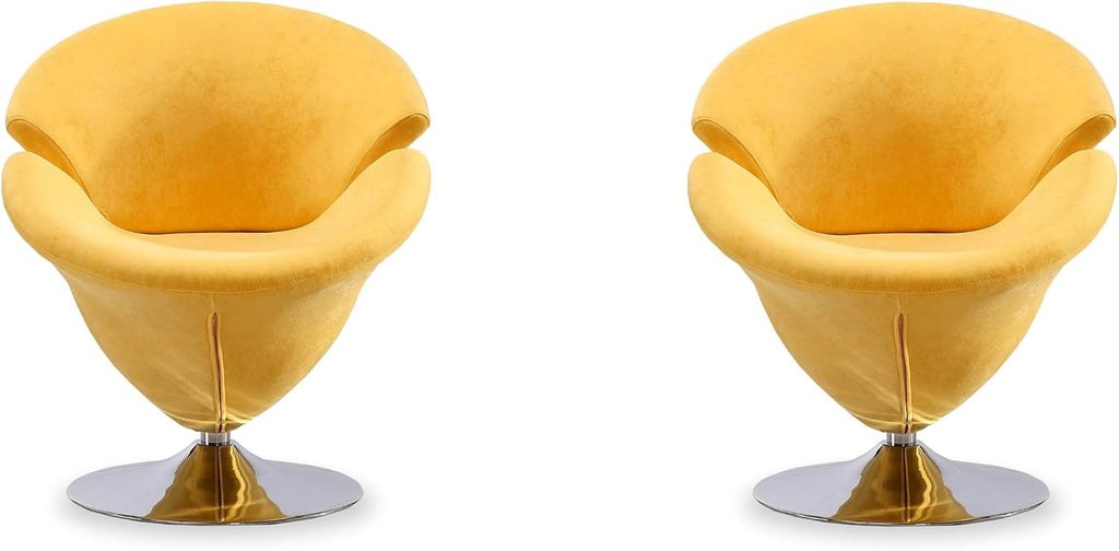 Manhattan Comfort Tulip Swivel Accent Chair Set of 2 with 360° Turn, Modern Flower Inspired Design, Soft Velvet Upholstery, Polished Chrome Base, No Assembly Required, 300 Lbs Capacity, Yellow