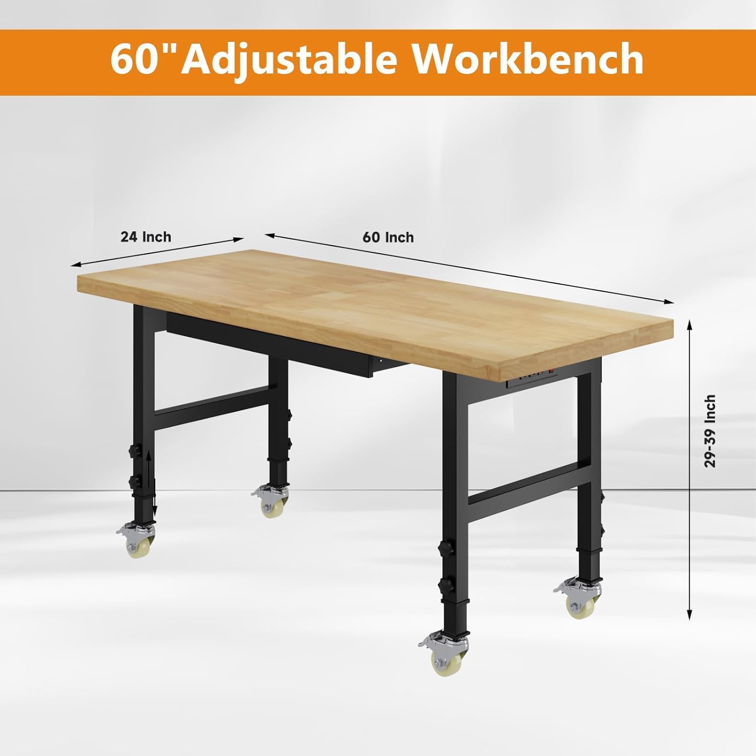 60' Heavy Duty Work Bench with Wheels, Adjustable Height Workbench with Drawers, 2000 LBS Capacity Work Table with Power Outlets for Garage, Workshop, Office, Home