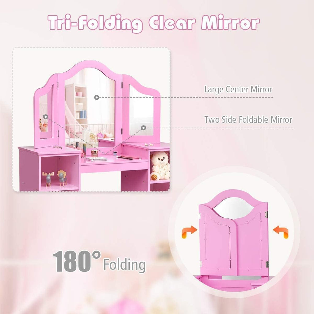 INFANS Kids Vanity, 2 in 1 Princess Makeup Desk Set with Tri-Folding Detachable Mirror, Large Storage Shelves, Wooden Dressing Table,Pretend Play Vanity Set for Girls