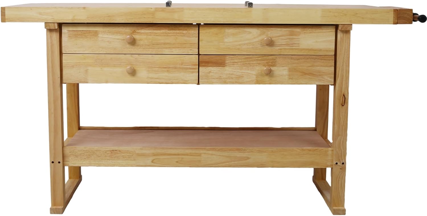 Montary 60-Inch Wood Workbench - Rubber Wooden Heavy Duty Work Bench with 4-Drawer & Shelf, 450lbs Weight Capacity Work Bench for Garage Workshop, Woodworking and Home