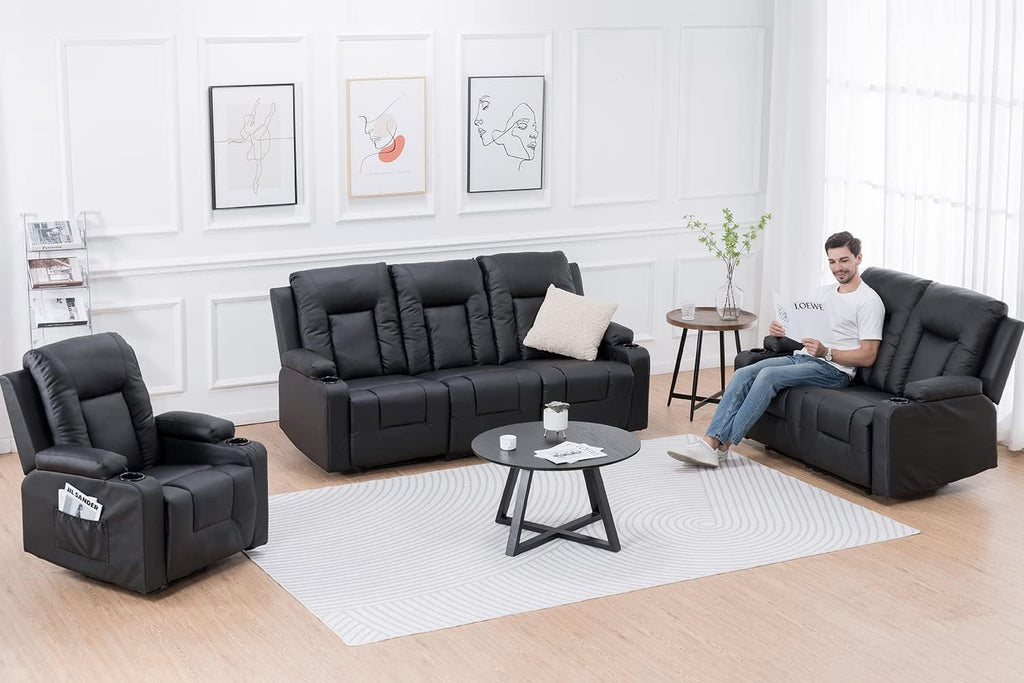 COMHOMA Recline Chair Set，Furniture 3PC Bonded Leather Recliner Set Living Room Set, Sofa, Recline Chair with massger(Black,Living Room Set 3)