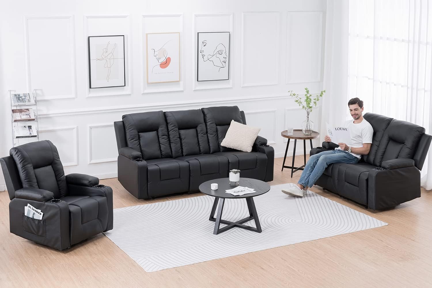 COMHOMA Recline Chair Set，Furniture 3PC Bonded Leather Recliner Set Living Room Set, Sofa, Recline Chair with massger(Black,Living Room Set 3)