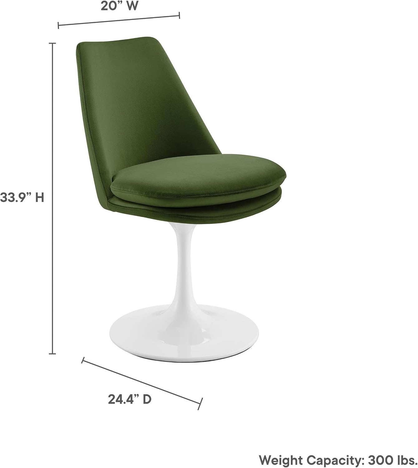 Modway Lippa Velvet Swivel Dining Side Chair in White Moss Green - Armless Accent Chair with Stain-Resistant Performance Velvet Upholstery - 360° Rotating Office Chair