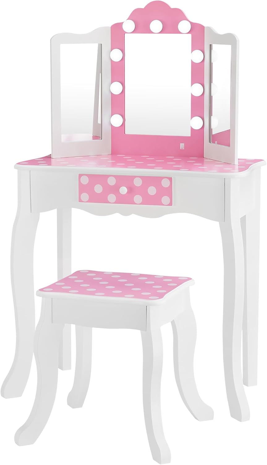 Teamson Kids - Fashion Polka Dot Prints Gisele Play Vanity Set with LED Lights - Pink/White