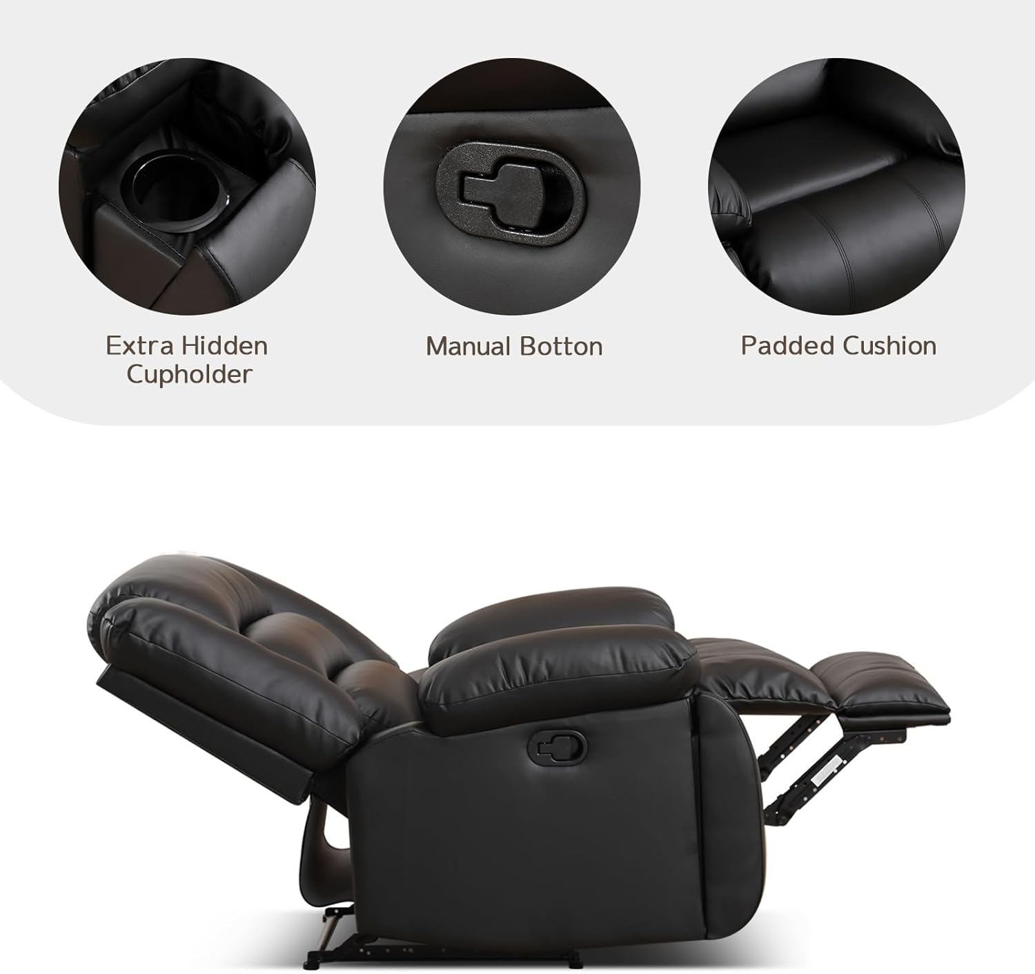 EBELLO Manual Recliner Chair, Faux Leather Reclining Chair with Hidden Cup Holders, Overstuffed Armrests and Back, Manual Single Sofa for Adult, Black