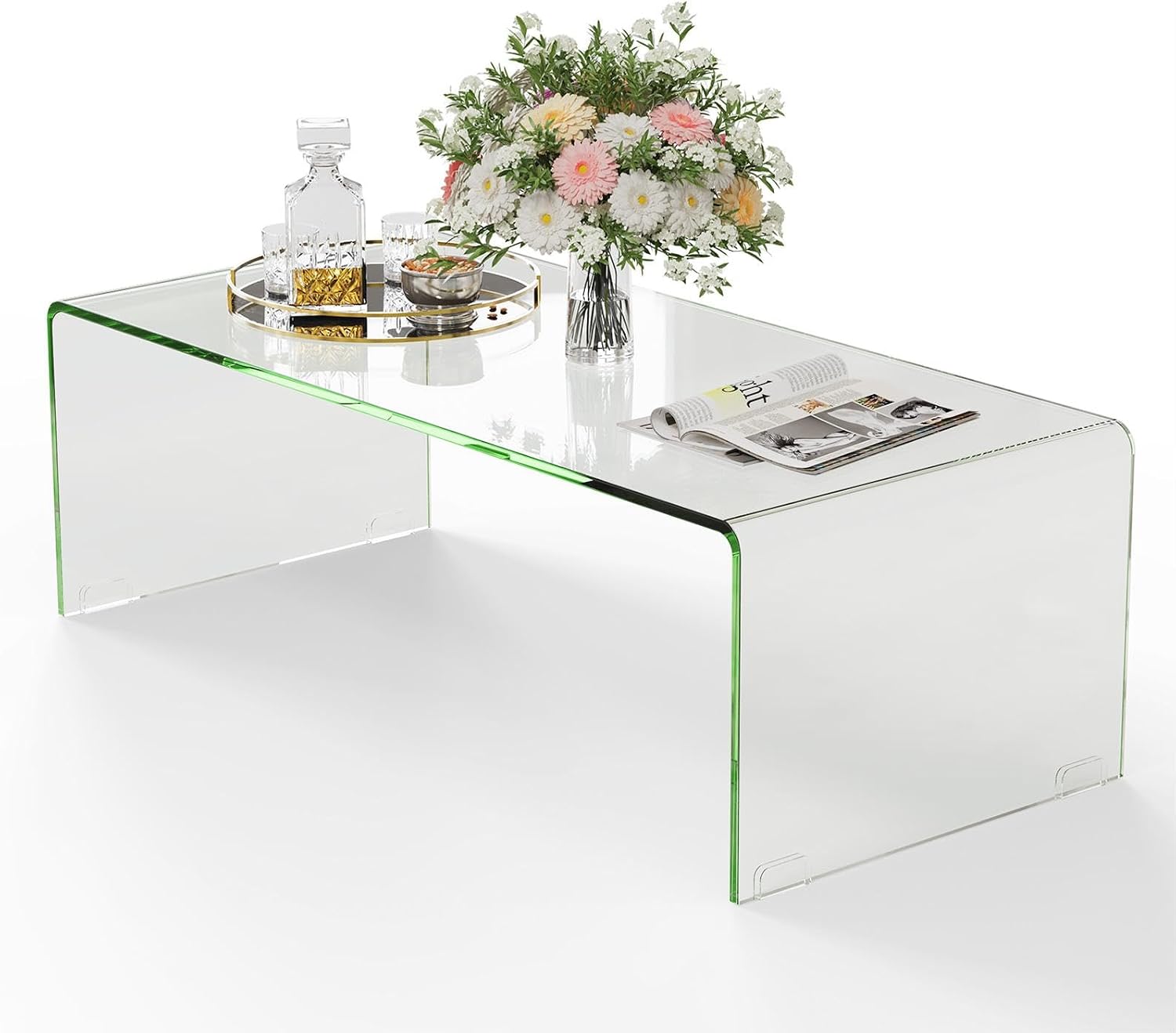 ReunionG Glass Coffee Table, Modern Clear Coffee Table with Rounded Edges, Transparent Tempered Glass Coffee Table, U-Shaped Side Table for Living Room Office, 42.5' x 20' x 14' (L x W x H)