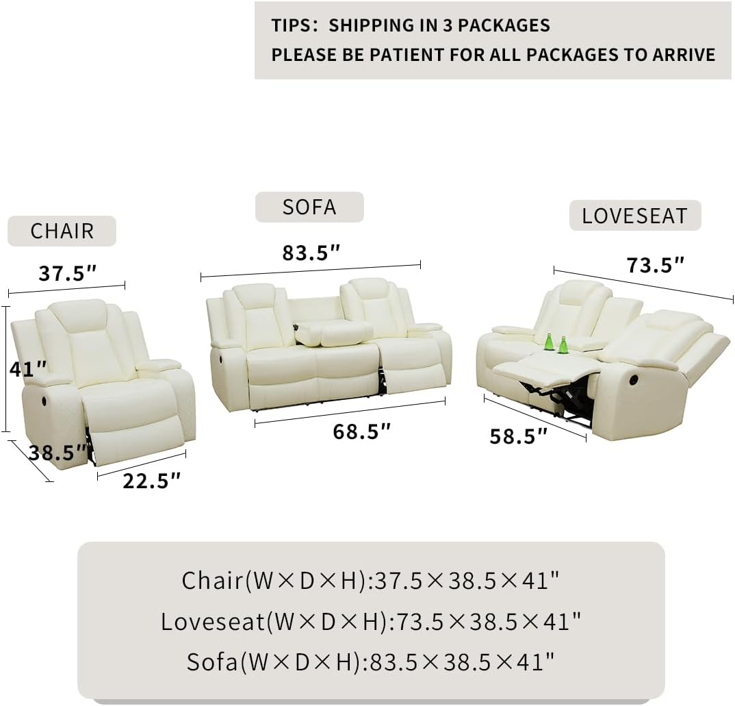 Living Room Furniture Sets, Power Reclining Sofa Set,Vanilla White Leather Sofa Living Room Power Sofa,Loveseat with Cup Holders/Storage Console/LED Light for Living Room