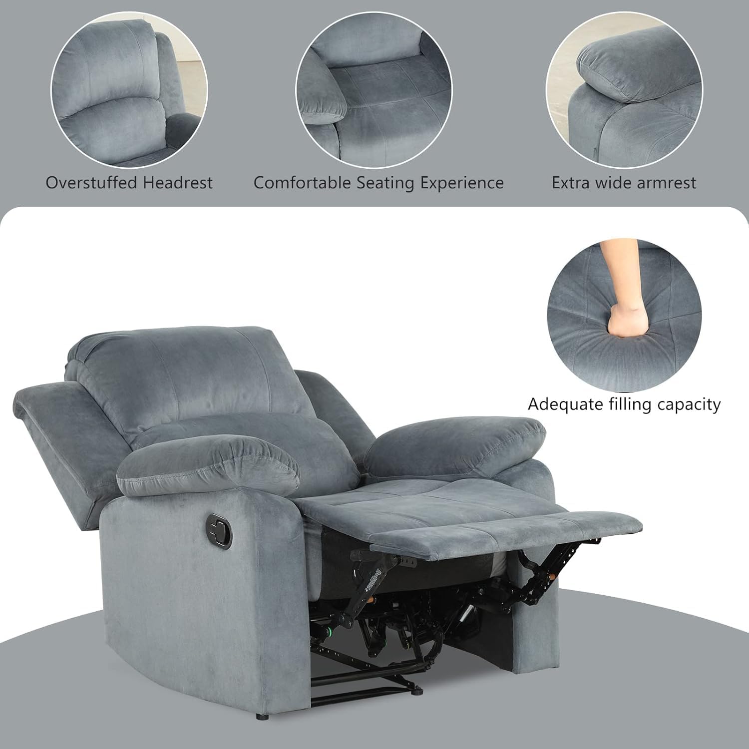 CANMOV Manual Recliner Chair Set of 2, Soft Fabric Overstuffed Recliner Single Sofa Chair for Living Room, Heavy Duty and Safety Reclining Mechanism (Grey)