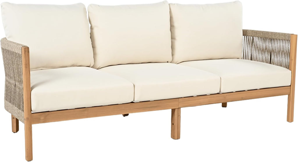Christopher Knight Home Havets 77'W Outdoor 3 Seater Sofa, 6' Thick Cushion Couch, Acacia Wood Bench Sofa, Comfy Woven Rope Armchair, Spacious Seating Bench Couch for Backyard Garden Porch, Teak+Beige