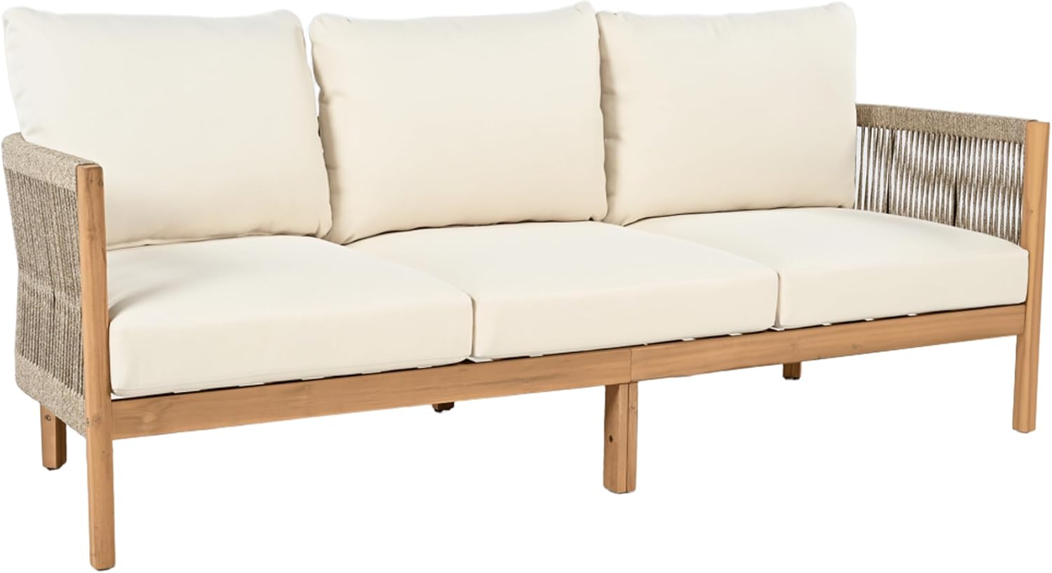 Christopher Knight Home Havets 77'W Outdoor 3 Seater Sofa, 6' Thick Cushion Couch, Acacia Wood Bench Sofa, Comfy Woven Rope Armchair, Spacious Seating Bench Couch for Backyard Garden Porch, Teak+Beige