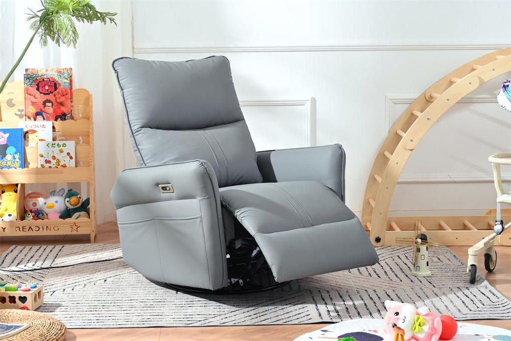 Ball & Cast Power Recliner Chair with USB and Type-c Ports,Swivel Rocker Recliner Sofa W/Padded Backrest,Infinite Position Power Lift Chair,for Living Room,Bedroom,Home Theaters,Blue-Gray