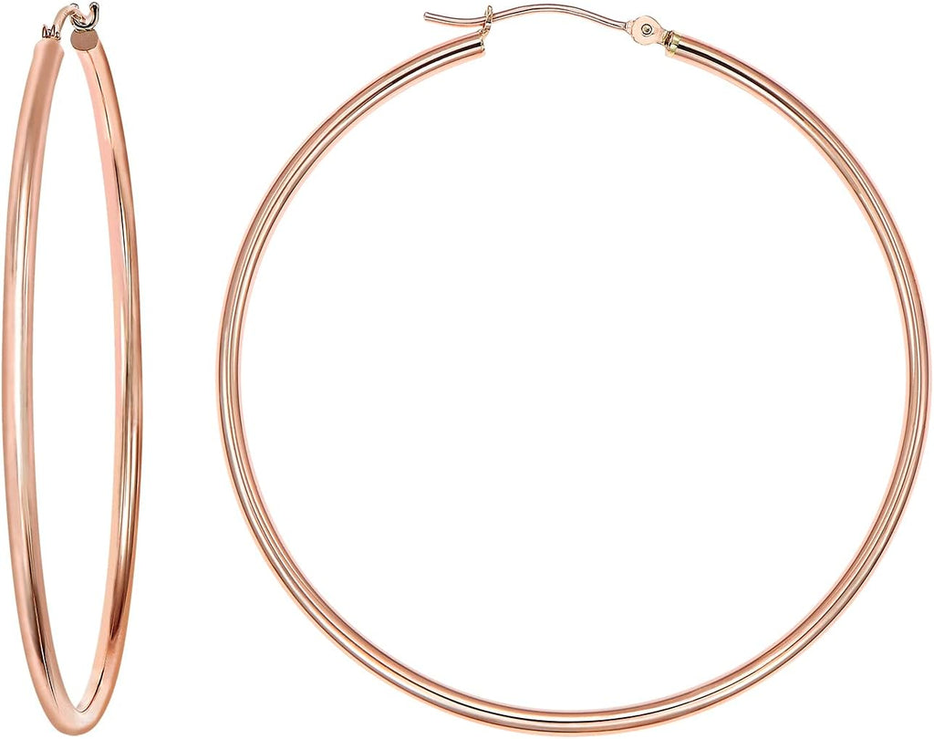 14K Rose Gold Classic Shiny Polished Round Hoop Earrings, 2mm tube