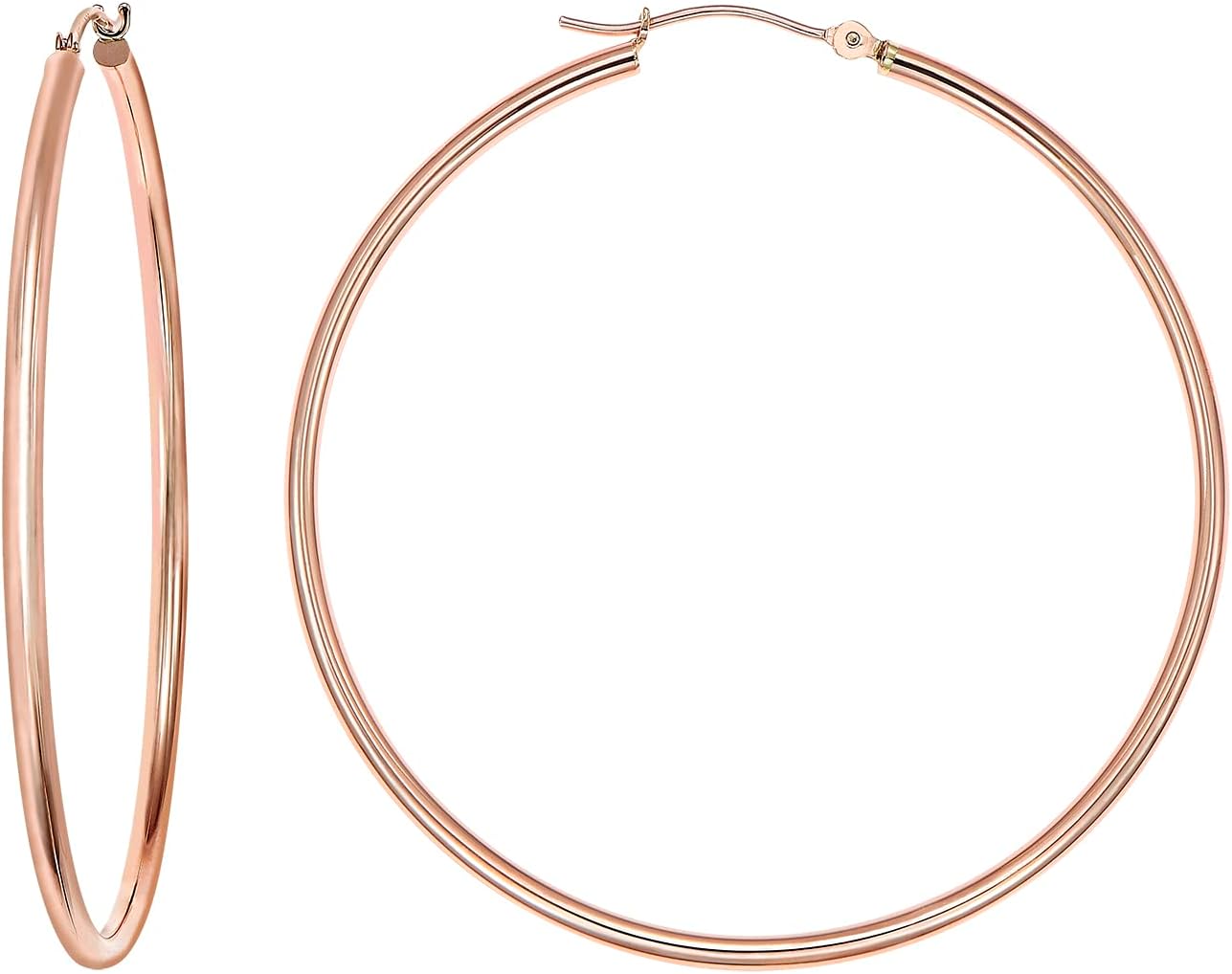 14K Rose Gold Classic Shiny Polished Round Hoop Earrings, 2mm tube