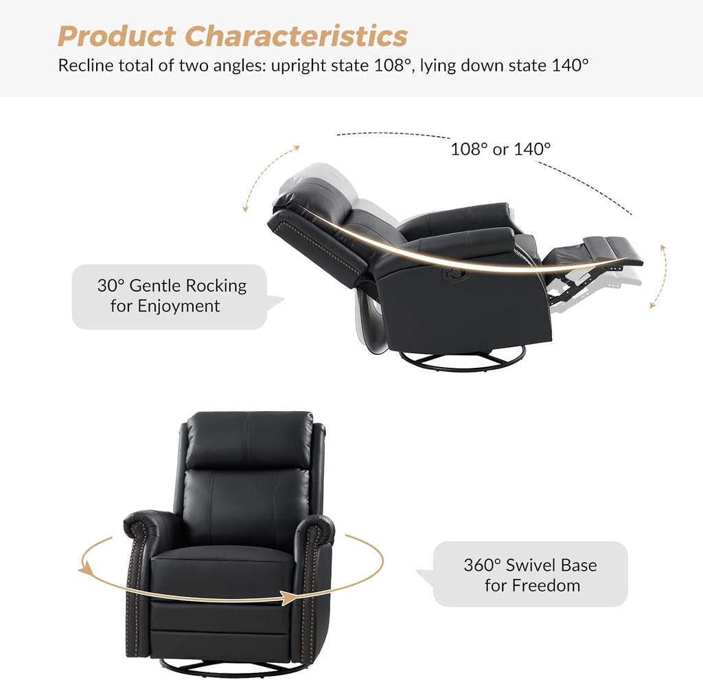 HULALA HOME Genuine Leather Swivel Rocker Recliners Set of 2 with Adjustable Backrest & Footrest,Manual Glider Recliner Chair with Swivel Base, Home Theater Sofa Armchair for Living Room Bedroom,BLACK