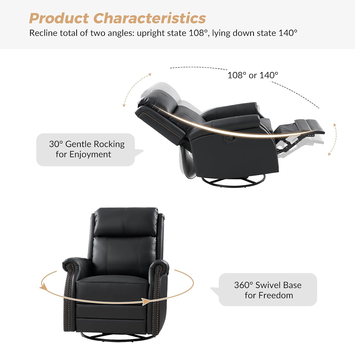 HULALA HOME Genuine Leather Swivel Rocker Recliners Set of 2 with Adjustable Backrest & Footrest,Manual Glider Recliner Chair with Swivel Base, Home Theater Sofa Armchair for Living Room Bedroom,BLACK