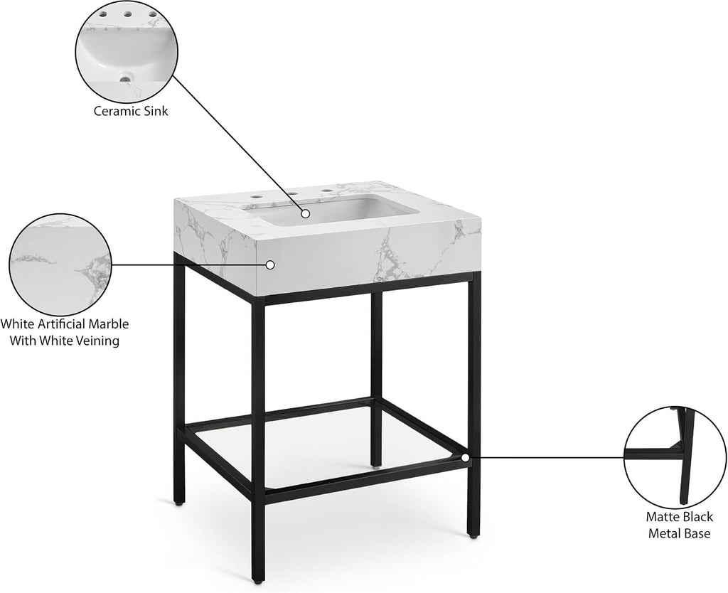 Meridian Furniture 407White-24 Marmo Collection Modern | Contemporary Bathroom Vanity with White Engineered Stone with Grey Veining, Matte Black Metal Base, 24' W x 21' D x 34' H, White
