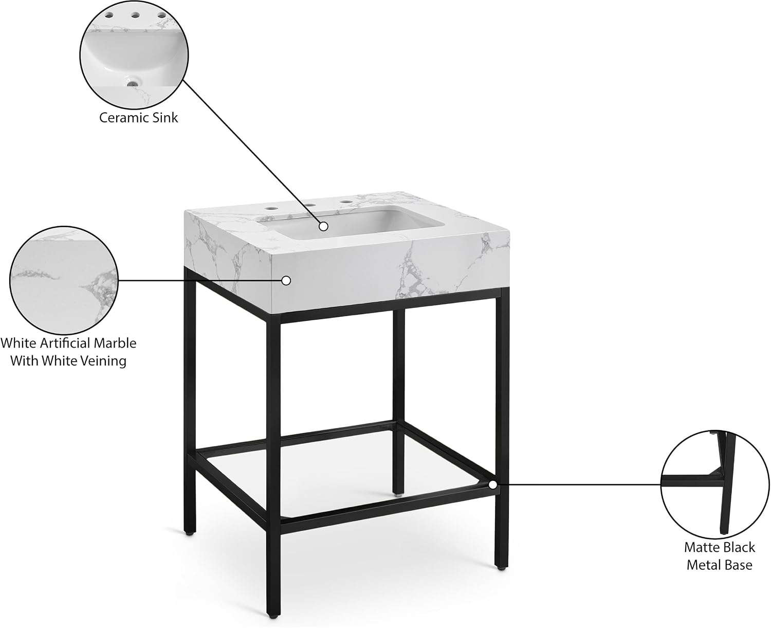 Meridian Furniture 407White-24 Marmo Collection Modern | Contemporary Bathroom Vanity with White Engineered Stone with Grey Veining, Matte Black Metal Base, 24' W x 21' D x 34' H, White