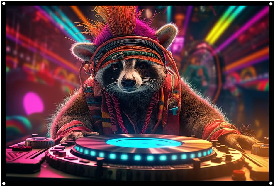 Cyberpunk Racoon DJ, UV tapestry, Blacklight Reactive Wall Hanging, Neon Backdrop, Party Decor, Psychedelic Tapestry, Visionary Wall Art (Large)