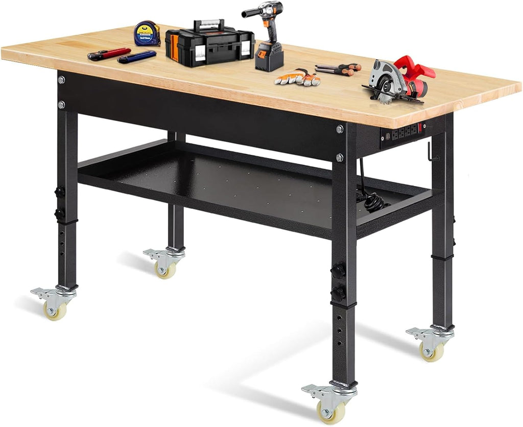 48'/60'' Adjustable Workbench, Rubber Wood Top Work Bench Heavy-Duty Work Table with Power Outlet, Wheels, Partition 2000 LBS Load Capacity Hardwood Work Benches for Garage, Workshop, Home, Office