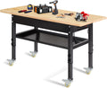 48'/60'' Adjustable Workbench, Rubber Wood Top Work Bench Heavy-Duty Work Table with Power Outlet, Wheels, Partition 2000 LBS Load Capacity Hardwood Work Benches for Garage, Workshop, Home, Office