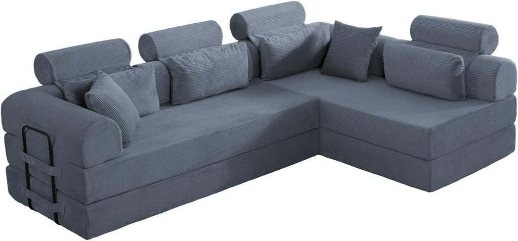 KEIKI 6-in-1 Folding Convertible High Back Sofa Sleeper, 106' Oversized Modular Sectional Corduroy Upholstered L Shape Couches for Living Room, High-Resilience Foam for City Apartment, Dark Gray