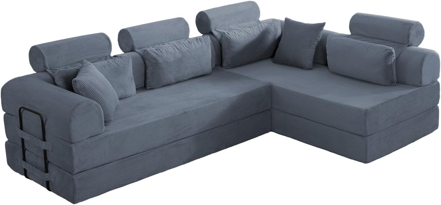 KEIKI 6-in-1 Folding Convertible High Back Sofa Sleeper, 106' Oversized Modular Sectional Corduroy Upholstered L Shape Couches for Living Room, High-Resilience Foam for City Apartment, Dark Gray