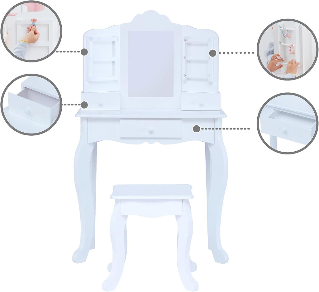 Teamson Kids White Wooden Vanity Table and Stool Set for Girls with Mirror Drawers Jewelry Storage Elegant Play Furniture for Bedroom or Playroom Ages 3+