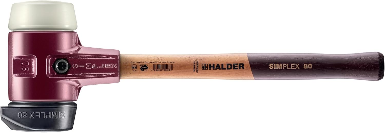 Halder Simplex Soft-Faced Mallet 3028.280 – Medium-Hard 'Stand-Up' Rubber Insert, Nylon Insert, Cast Iron Housing with Handle Protection Sleeve, Varnished Wooden Handle, 80mm, 6.5 lbs.