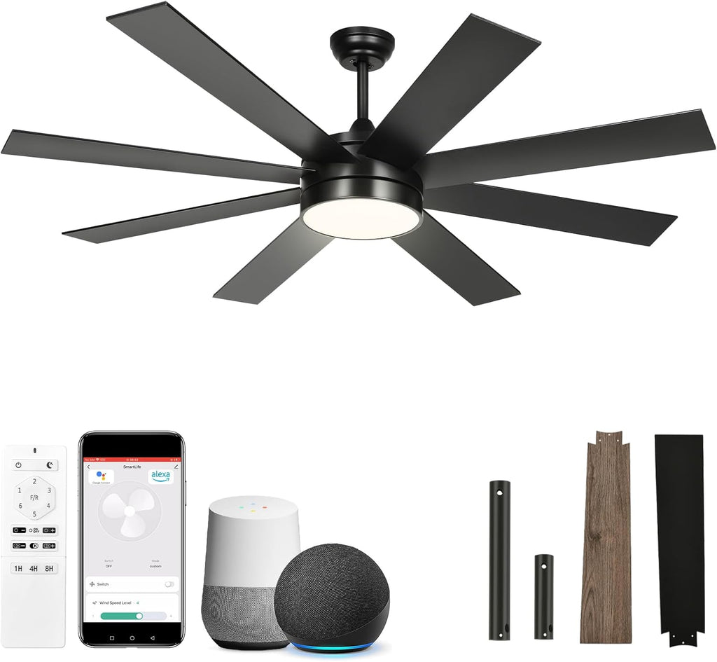 YITAHOME 60 Inch Black Ceiling Fan with Lights and Remote,8 Blades,App Control, Modern Smart Ceiling Fan Compatible with Alexa for Indoor, Reversible Quiet Motor, Memory Function