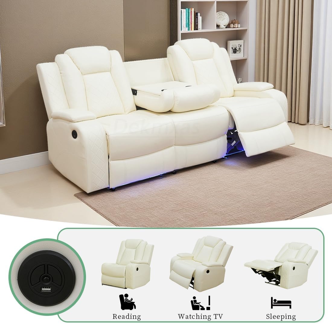 Living Room Furniture Sets, Power Recliner Sofa Set, Vanilla White Breathing Leather Power Reclining Sofa Couch ith 2 Recliner Seats/USB Ports/LED Light for Living Room, Office