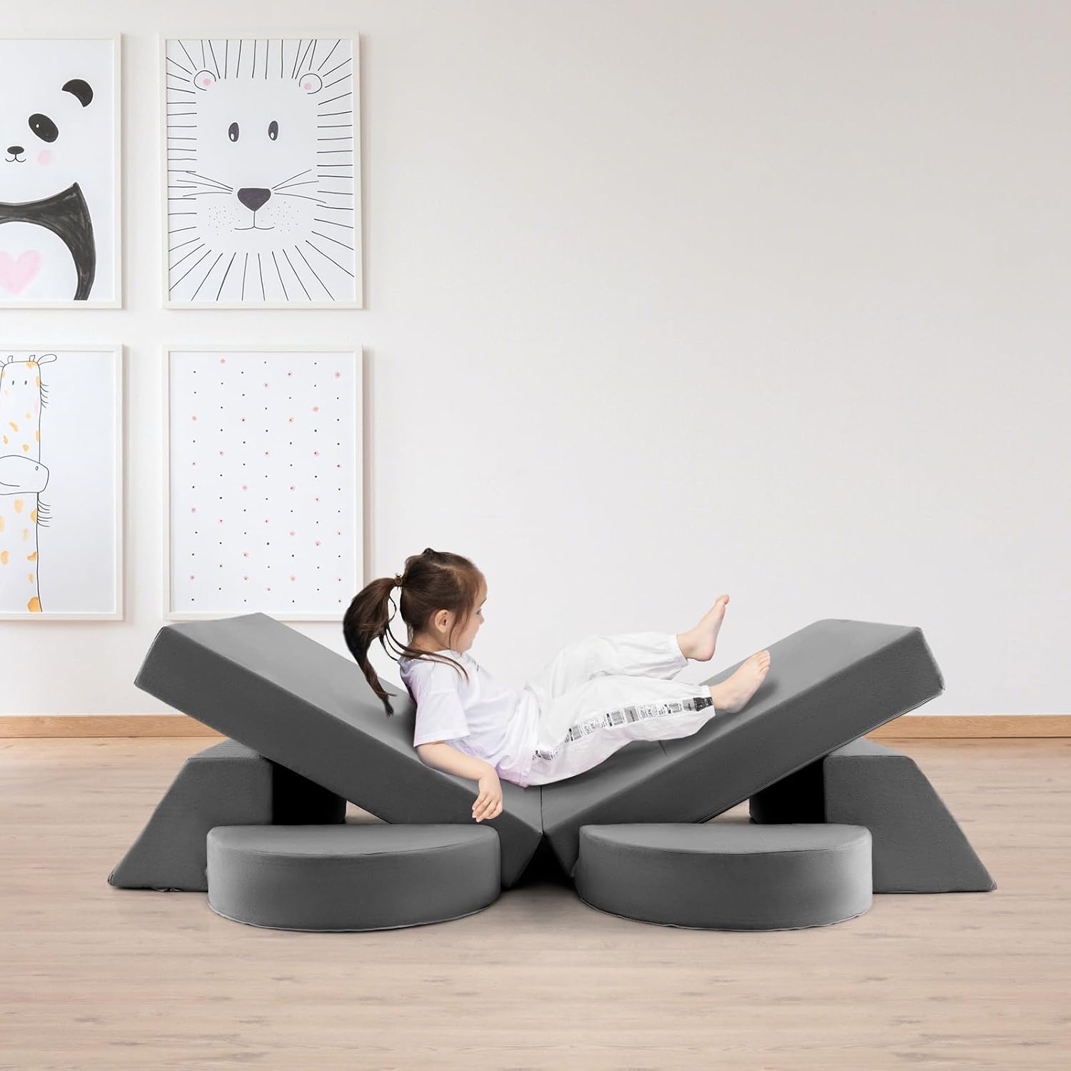 Costzon Convertible Toddler Couch, 8PCS Kids Modular Play Sofa w/Detachable Cover for Playroom, Creative Couch for Playing, Creating & Sleeping, Imaginative Furniture for Girls & Boys (Gray)