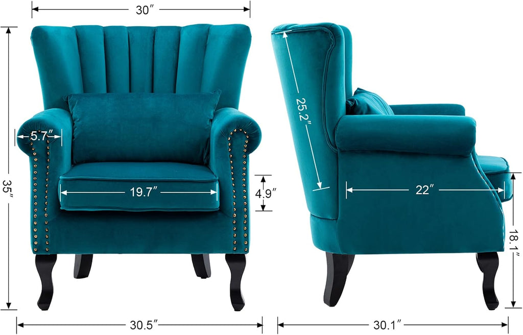 Kmax Teal Blue Accent Chair Velvet Wingback Chair with Pillow Nail-Head Channel Tufted Oversized Club Chair for Living Room Bedroom Guest Room