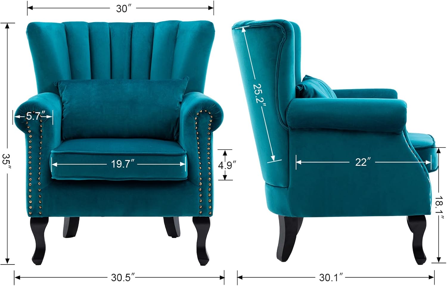 Kmax Teal Blue Accent Chair Velvet Wingback Chair with Pillow Nail-Head Channel Tufted Oversized Club Chair for Living Room Bedroom Guest Room