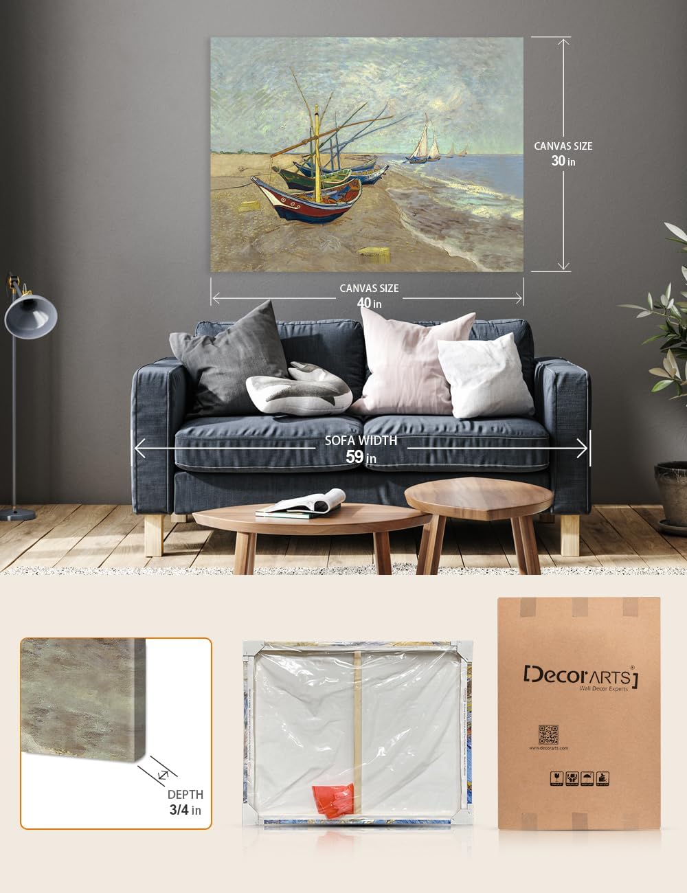 DECORARTS - Vincent Van Gogh Fishing Boats on the Beach Large Giclee Canvas Art Print, Gallery Wrapped Wall Art for Living Room Decor 40x30, Made in USA