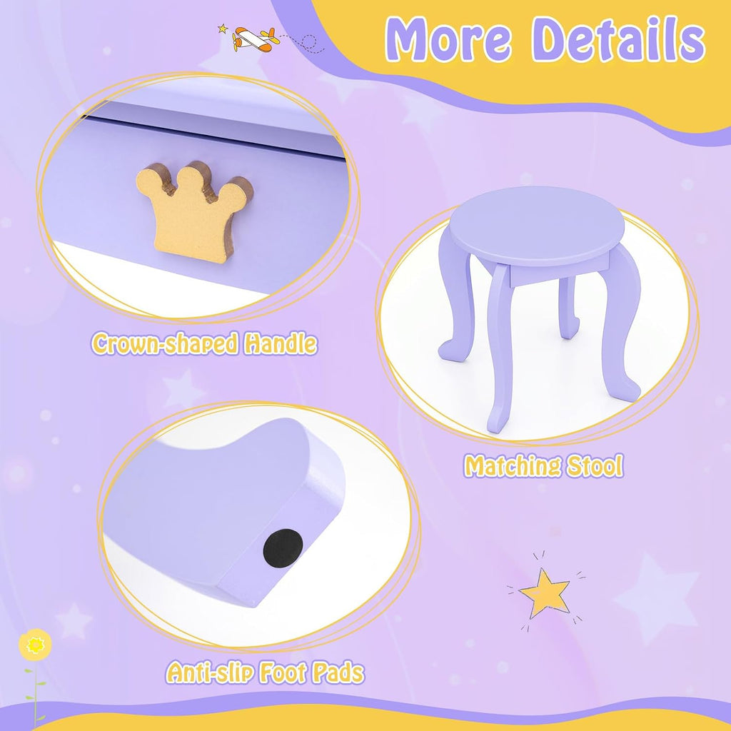 HONEY JOY Kids Vanity with Lights, Crown Girls Vanity Set with Mirror and Stool and Lights, Toddler Vanity, Wooden Makeup Table for Little Girls, Pretend Play Kids Vanity Table and Chair Set(Violet)