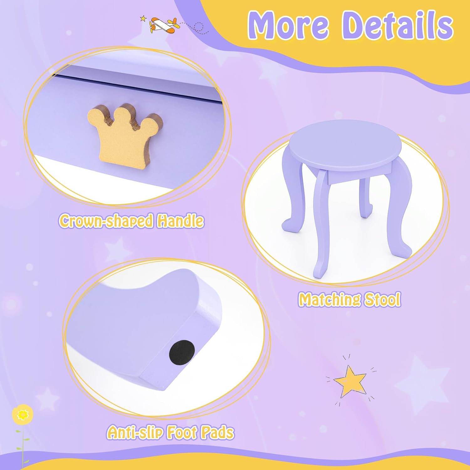 HONEY JOY Kids Vanity with Lights, Crown Girls Vanity Set with Mirror and Stool and Lights, Toddler Vanity, Wooden Makeup Table for Little Girls, Pretend Play Kids Vanity Table and Chair Set(Violet)