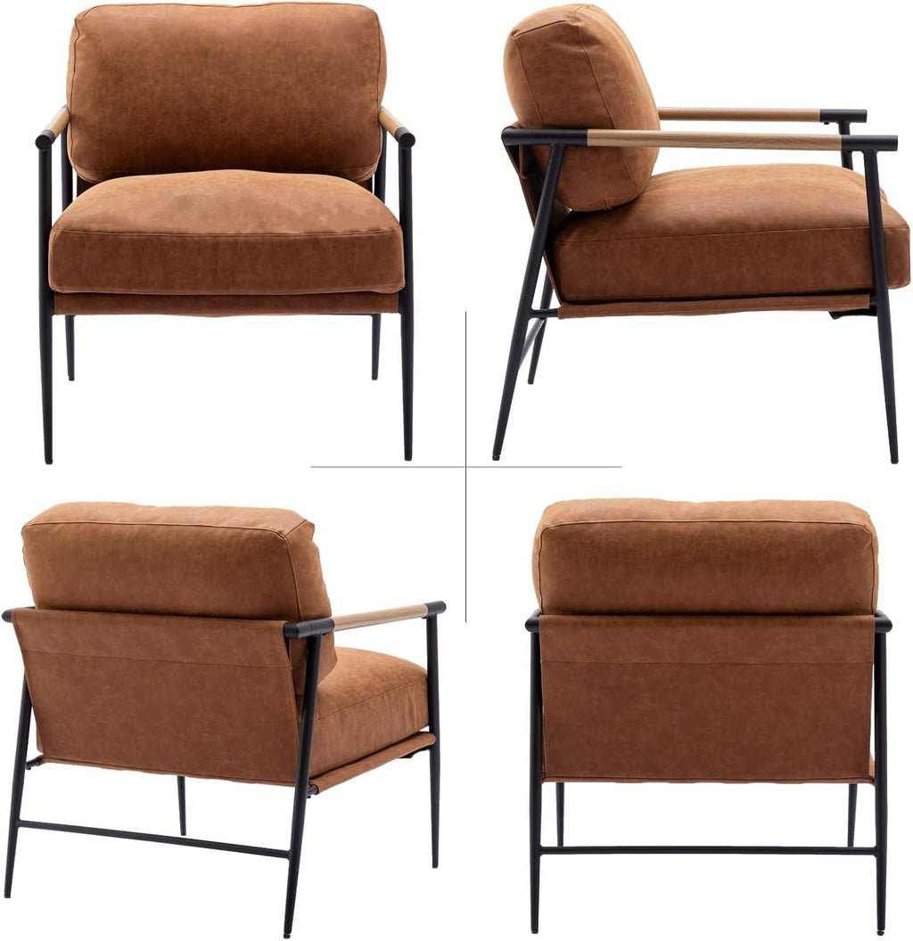 LukeAlon Mid-Century Leather Accent Chair Brown Modern Living Room Chair with Metal Legs Armchair Upholstered Comfy Leisure Chair for Bedroom Reception Area Reading Room