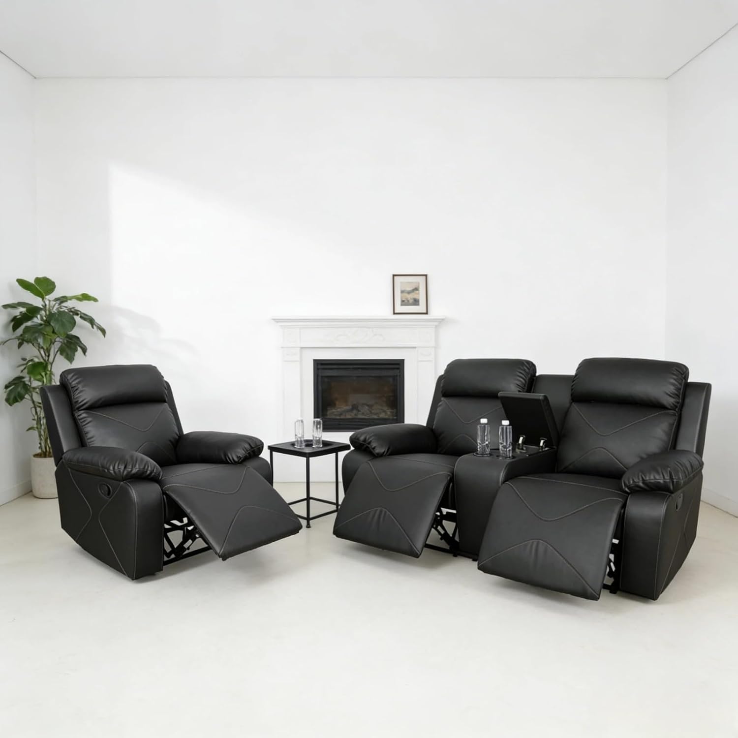 Leather Manual Recliner Sofa Set, Adjustable Backrest Reclining Loveseat Sofa with Storage Console & Cup Holders, Recliner Chair for House, Home Theater, Black