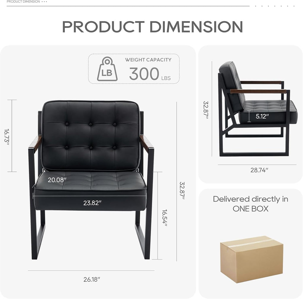 MALOL Black Leather Accent Chair, Accent Arm Chair for Living Room, Comfy Armchair with Metal Legs for Living Room Bedroom Reception Waiting Room