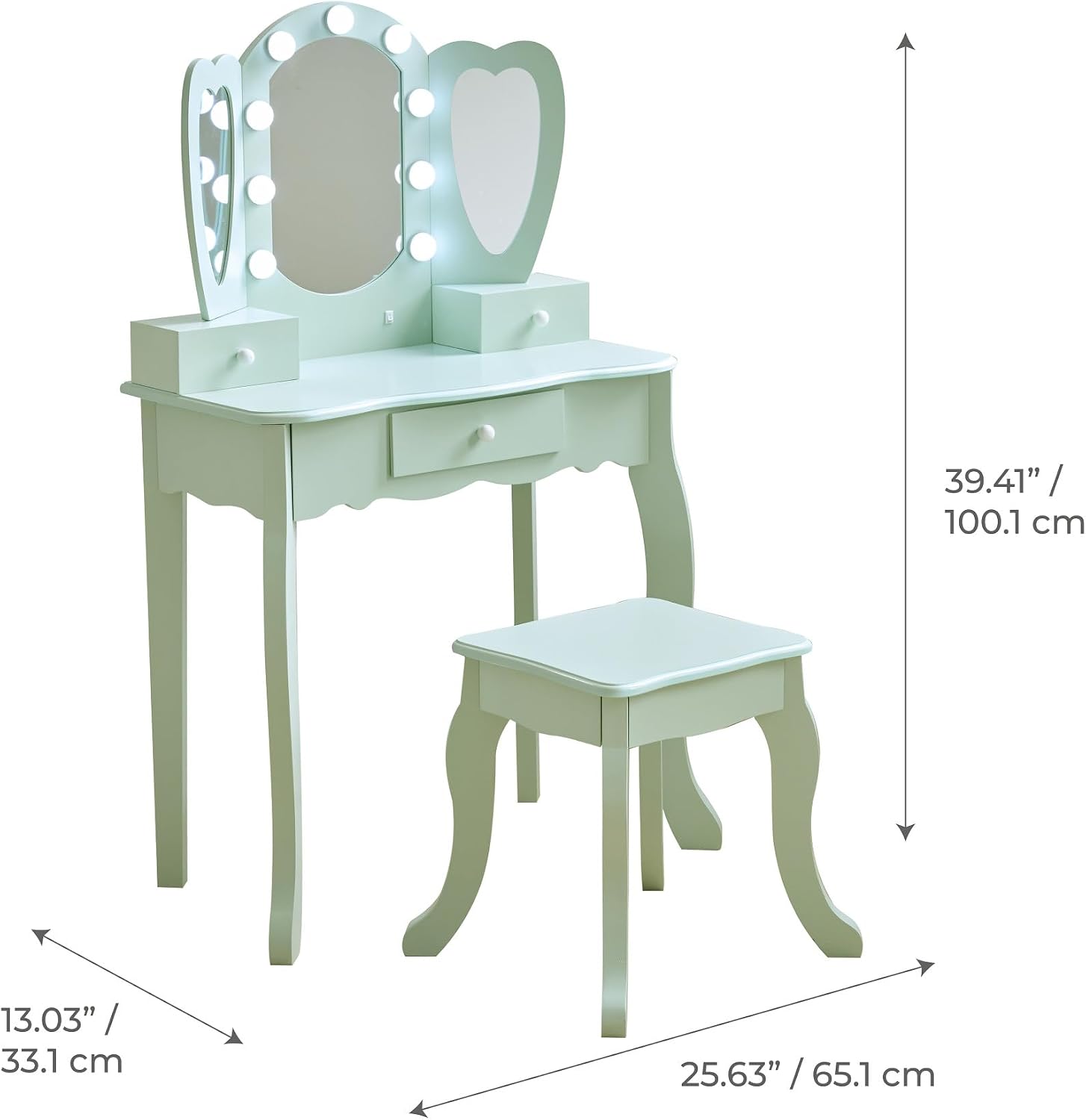 Teamson Kids Heart Glow Makeup Kids Vanity Set with Heart Shape LED Light-Up Mirror, Matching Stool and Storage Drawers, Pretend Makeup Play Table for Toddlers and Girls 3+ Years Old, Sage Green