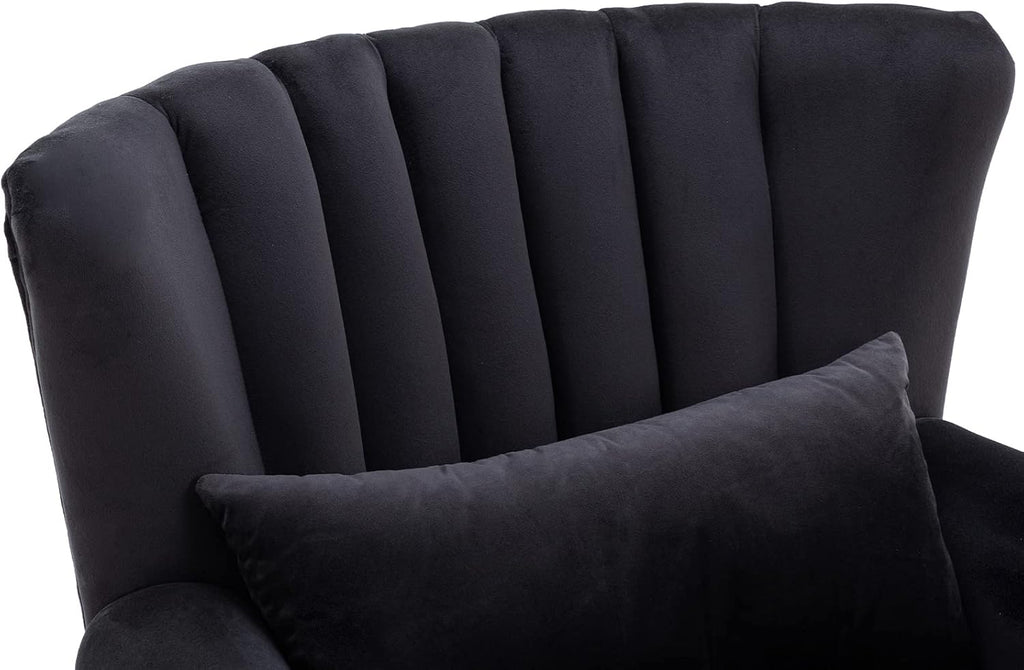 Kmax Black Accent Chair Velvet Wingback Chair with Pillow Nail-Head Channel Tufted Oversized Club Chair for Living Room Bedroom Guest Room