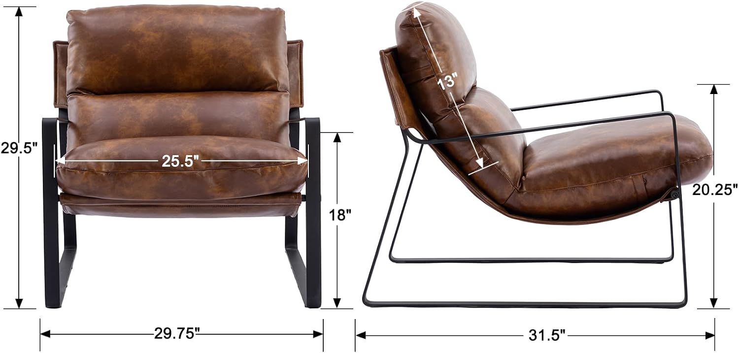Ya-Home Mid-Century Accent Chair, Comfy PU Leather Side Chair with Armrest, Upholstered Leisure Chair with Black Metal Frame for Living Room Bedroom Reception Room, Brown